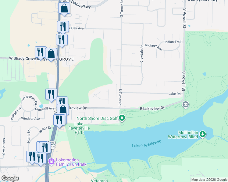 map of restaurants, bars, coffee shops, grocery stores, and more near 4727 Cedar Ridge Drive in Springdale