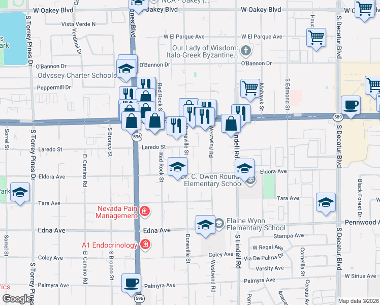 map of restaurants, bars, coffee shops, grocery stores, and more near 2580 Duneville Street in Las Vegas