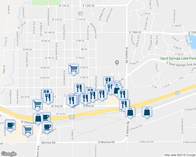 map of restaurants, bars, coffee shops, grocery stores, and more near 417 Washington Avenue in Sand Springs