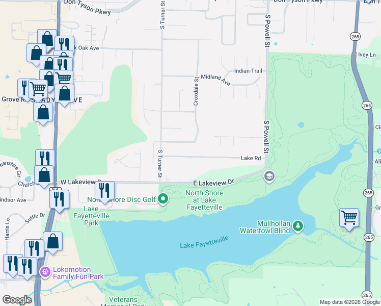 map of restaurants, bars, coffee shops, grocery stores, and more near 205 East Andrew Avenue in Springdale
