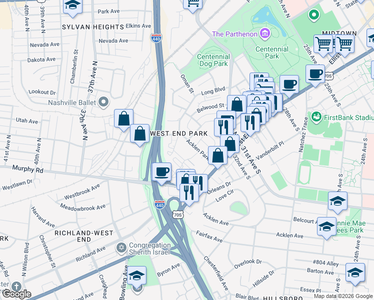 map of restaurants, bars, coffee shops, grocery stores, and more near 111 Acklen Park Drive in Nashville