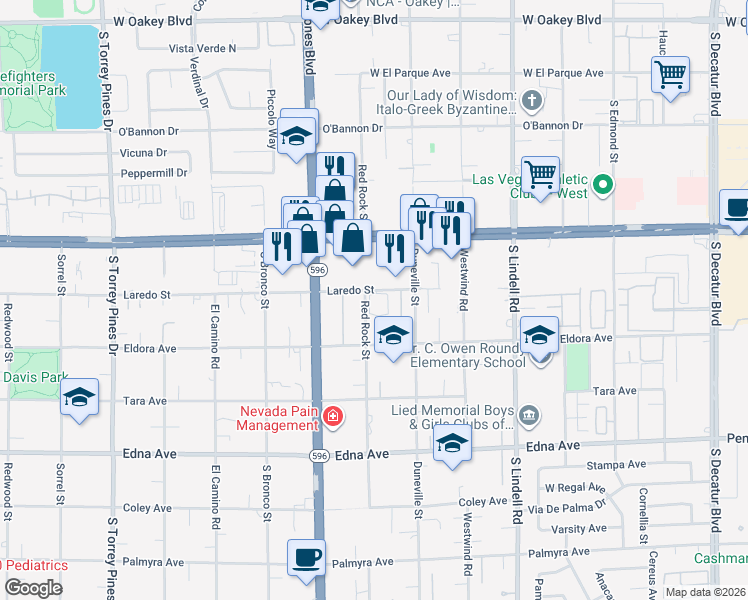 map of restaurants, bars, coffee shops, grocery stores, and more near 5825 West Sahara Avenue in Las Vegas