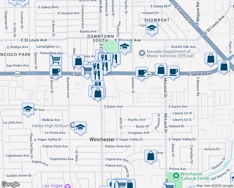 map of restaurants, bars, coffee shops, grocery stores, and more near 2480 Old Forge Lane in Las Vegas