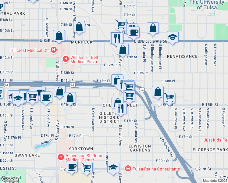 map of restaurants, bars, coffee shops, grocery stores, and more near in Tulsa