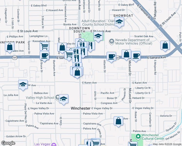 map of restaurants, bars, coffee shops, grocery stores, and more near 2470 Old Forge Lane in Las Vegas