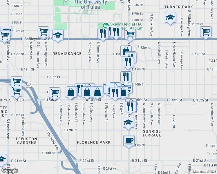 map of restaurants, bars, coffee shops, grocery stores, and more near 1407 South Florence Place in Tulsa