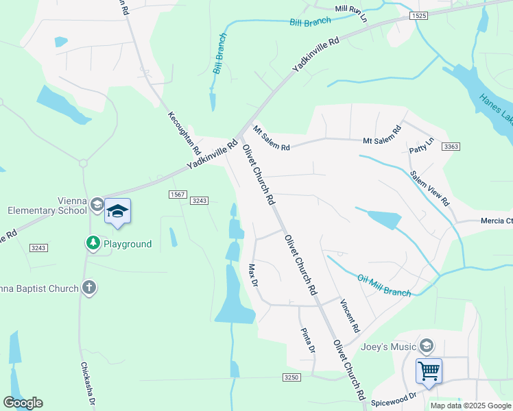 map of restaurants, bars, coffee shops, grocery stores, and more near 2534 Olivet Church Road in Winston-Salem