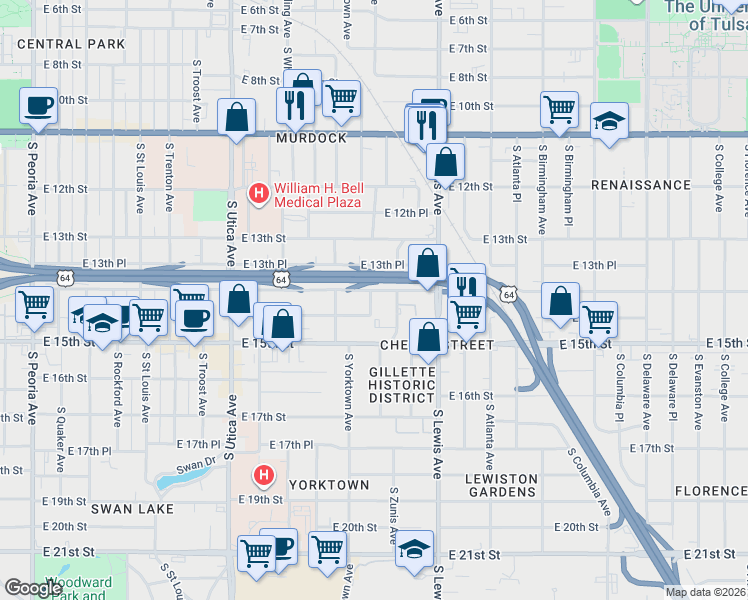 map of restaurants, bars, coffee shops, grocery stores, and more near 2206 East 14th Street in Tulsa