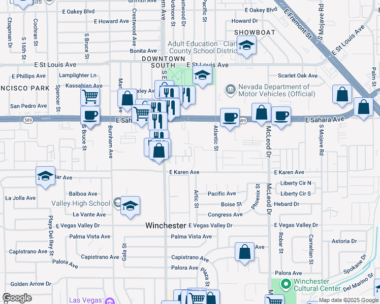map of restaurants, bars, coffee shops, grocery stores, and more near 2480 Old Forge Lane in Las Vegas