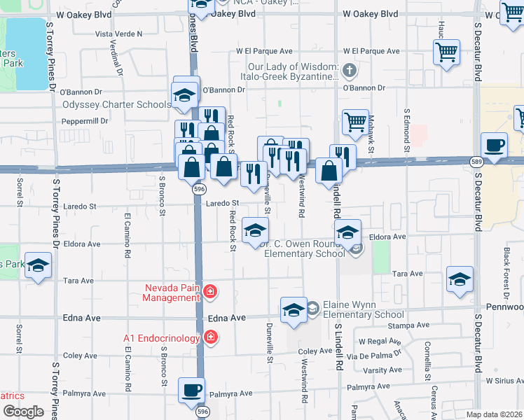 map of restaurants, bars, coffee shops, grocery stores, and more near 2580 Duneville Street in Las Vegas