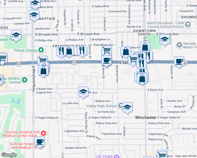 map of restaurants, bars, coffee shops, grocery stores, and more near 2665 South Bruce Street in Las Vegas