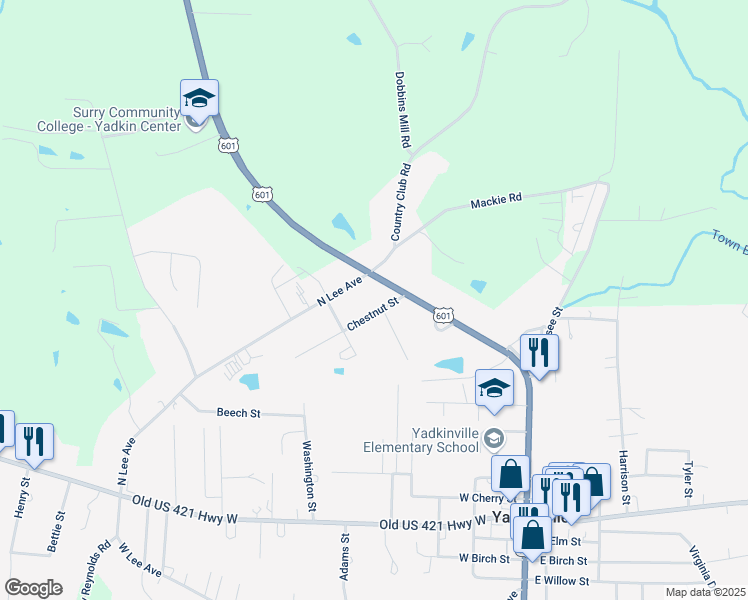 map of restaurants, bars, coffee shops, grocery stores, and more near 816 North State Street in Yadkinville