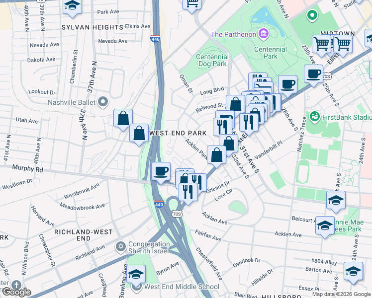map of restaurants, bars, coffee shops, grocery stores, and more near in Nashville