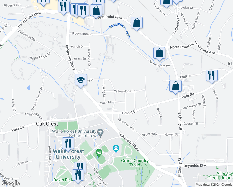 map of restaurants, bars, coffee shops, grocery stores, and more near 820 Yellowstone Lane in Winston-Salem