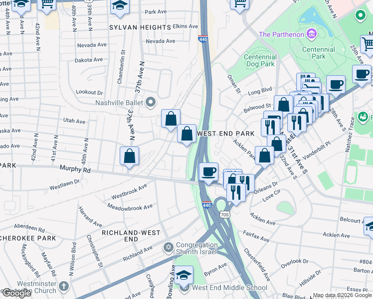 map of restaurants, bars, coffee shops, grocery stores, and more near 3505C Wrenwood Drive in Nashville