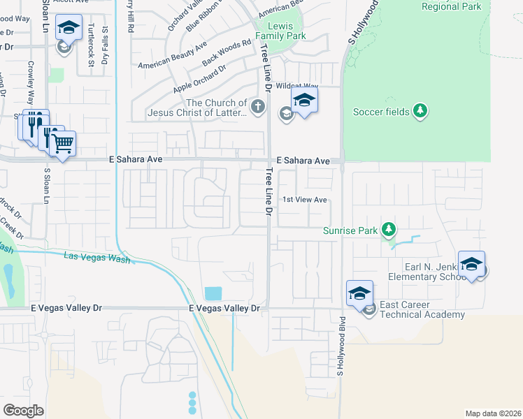 map of restaurants, bars, coffee shops, grocery stores, and more near 2607 Amber Crest Street in Las Vegas