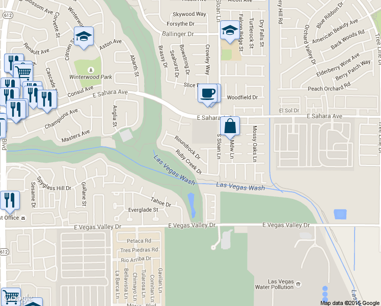 map of restaurants, bars, coffee shops, grocery stores, and more near 5691 Roundrock Drive in Las Vegas