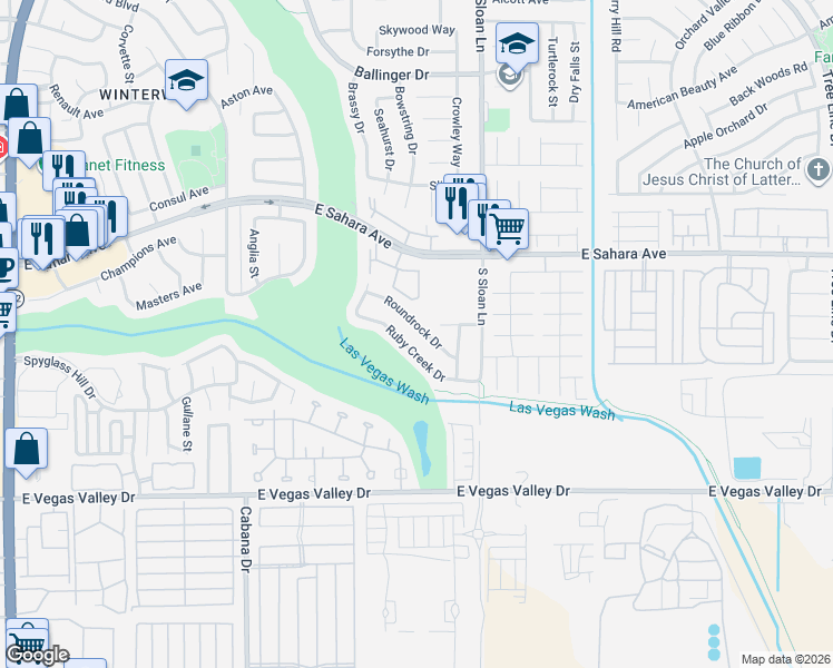 map of restaurants, bars, coffee shops, grocery stores, and more near 5691 Roundrock Drive in Las Vegas