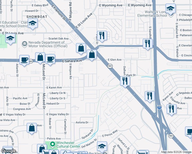 map of restaurants, bars, coffee shops, grocery stores, and more near 2611 Jacyra Avenue in Las Vegas