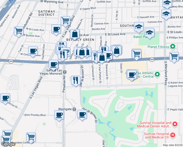 map of restaurants, bars, coffee shops, grocery stores, and more near 2575 Lynnwood Street in Las Vegas