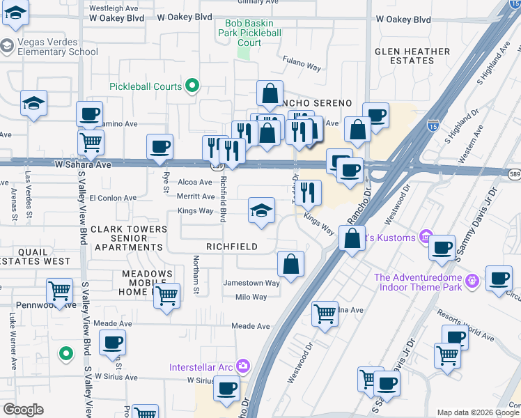 map of restaurants, bars, coffee shops, grocery stores, and more near 2725 Merritt Avenue in Las Vegas