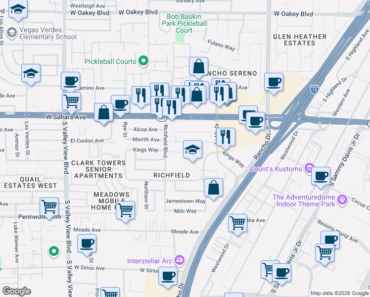 map of restaurants, bars, coffee shops, grocery stores, and more near 2821 Merritt Avenue in Las Vegas