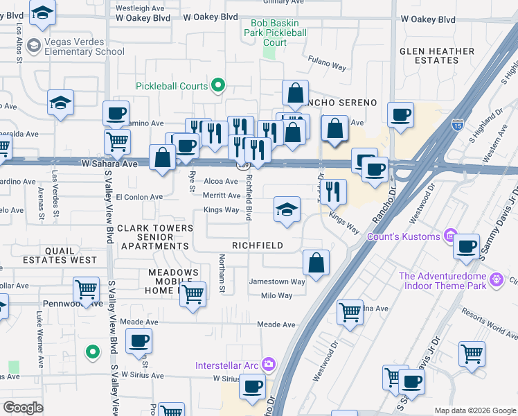 map of restaurants, bars, coffee shops, grocery stores, and more near 2909 Merritt Avenue in Las Vegas
