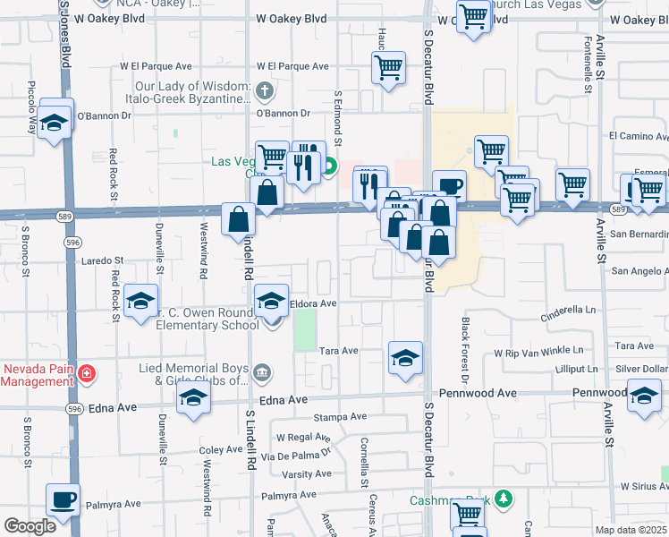 map of restaurants, bars, coffee shops, grocery stores, and more near 2659 South Decatur Boulevard in Las Vegas