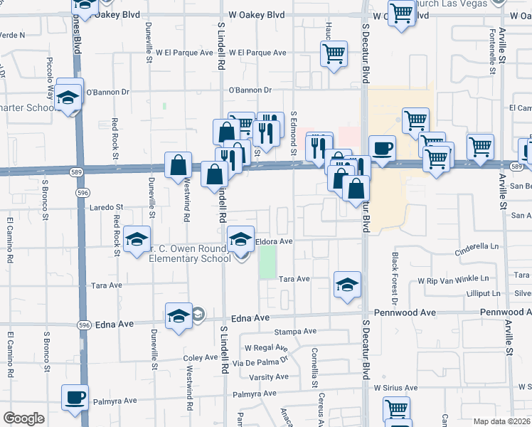 map of restaurants, bars, coffee shops, grocery stores, and more near 2634 Rimpacific Circle in Las Vegas