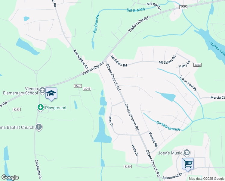 map of restaurants, bars, coffee shops, grocery stores, and more near 2534 Olivet Church Road in Winston-Salem