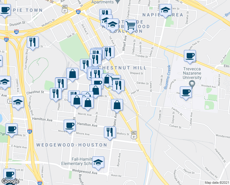 map of restaurants, bars, coffee shops, grocery stores, and more near 325 Hart Street in Nashville