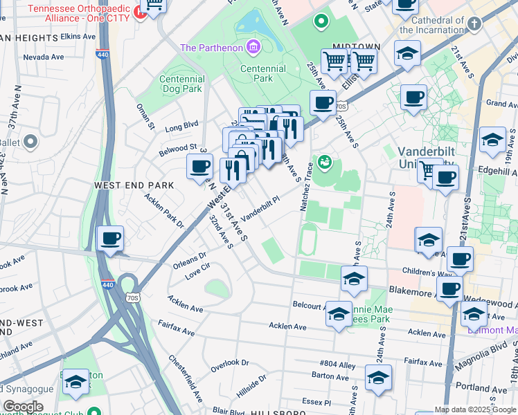 map of restaurants, bars, coffee shops, grocery stores, and more near 3000 Vanderbilt Place in Nashville