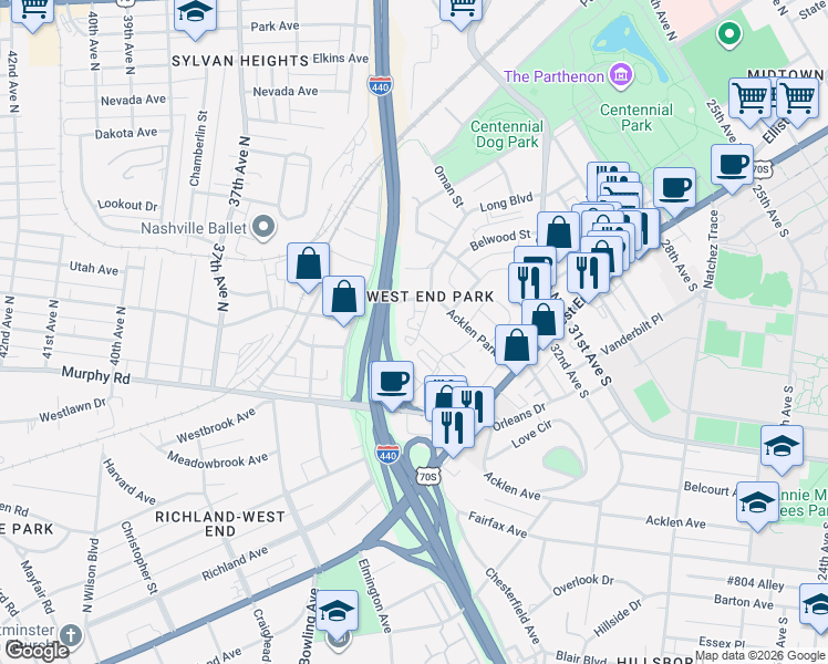 map of restaurants, bars, coffee shops, grocery stores, and more near 201 Acklen Park Drive in Nashville