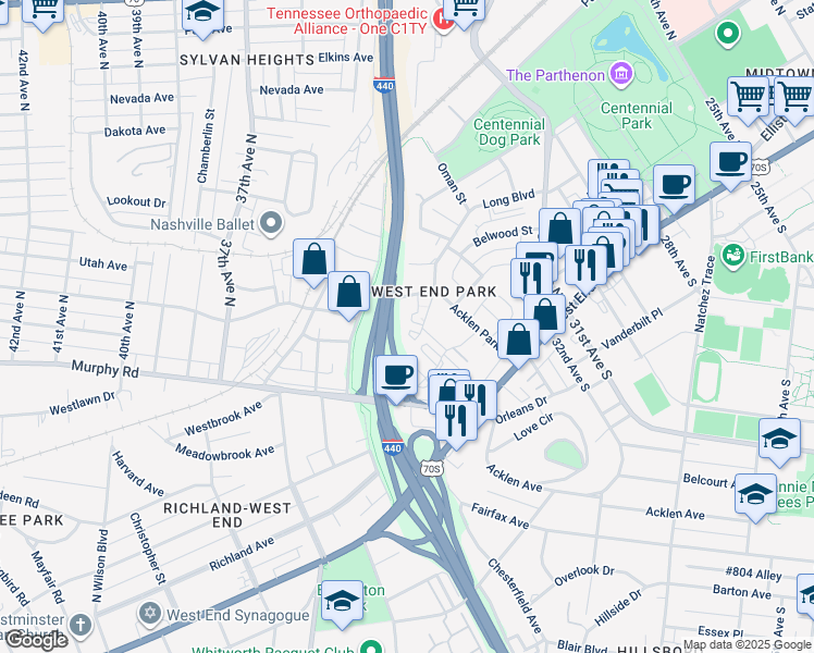 map of restaurants, bars, coffee shops, grocery stores, and more near 201 Acklen Park Drive in Nashville