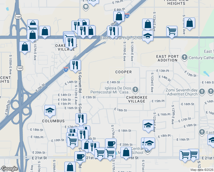 map of restaurants, bars, coffee shops, grocery stores, and more near 11646 East 14th Street in Tulsa