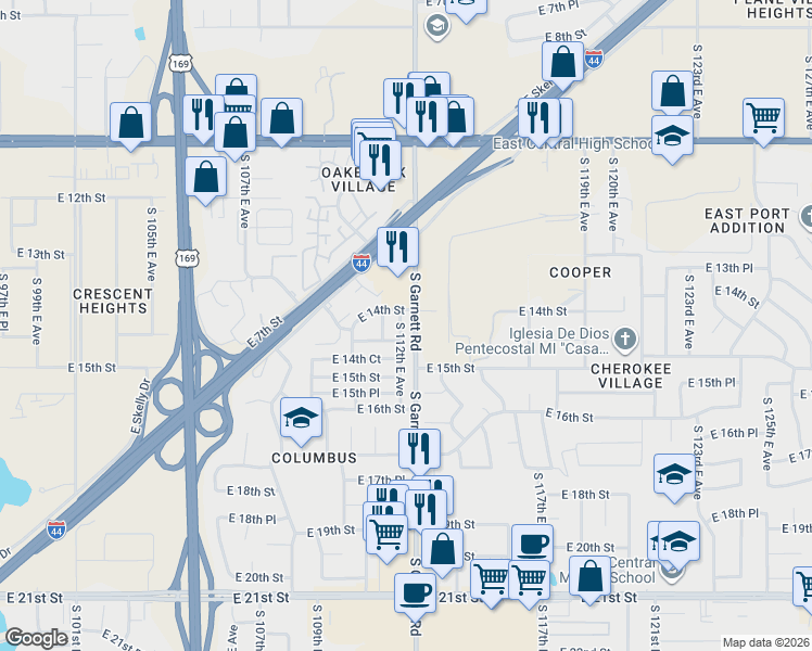 map of restaurants, bars, coffee shops, grocery stores, and more near 1401 South 112th East Avenue in Tulsa