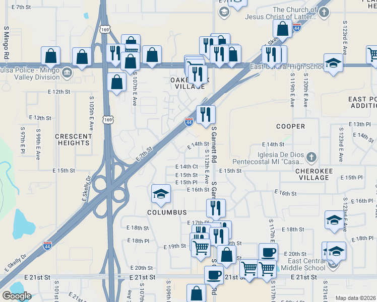 map of restaurants, bars, coffee shops, grocery stores, and more near 11056 East 14th Street in Tulsa