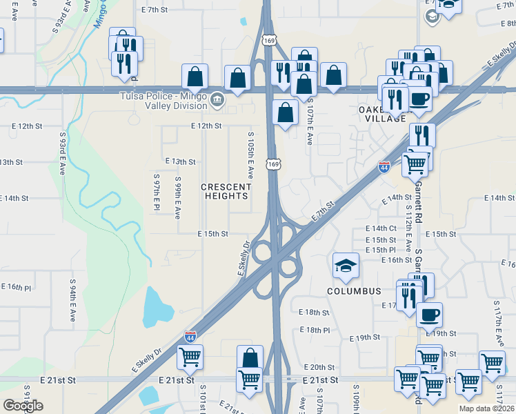 map of restaurants, bars, coffee shops, grocery stores, and more near 1293 South 105th East Avenue in Tulsa