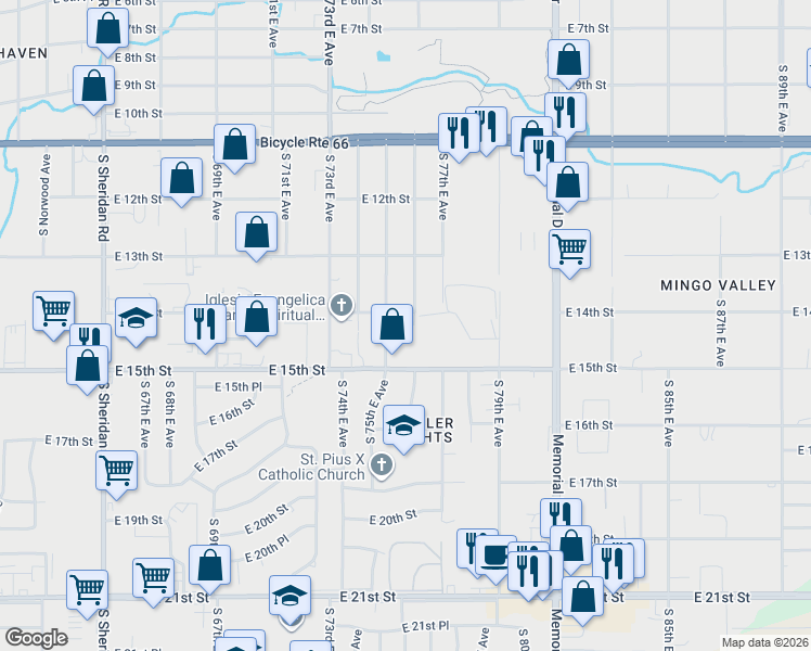 map of restaurants, bars, coffee shops, grocery stores, and more near 1349 South 76th East Avenue in Tulsa