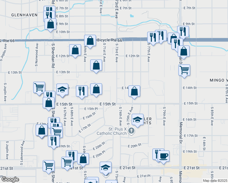 map of restaurants, bars, coffee shops, grocery stores, and more near 1404 South 73rd East Avenue in Tulsa