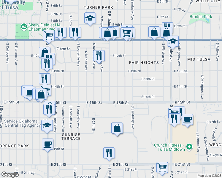 map of restaurants, bars, coffee shops, grocery stores, and more near 1345 South Pittsburg Avenue in Tulsa
