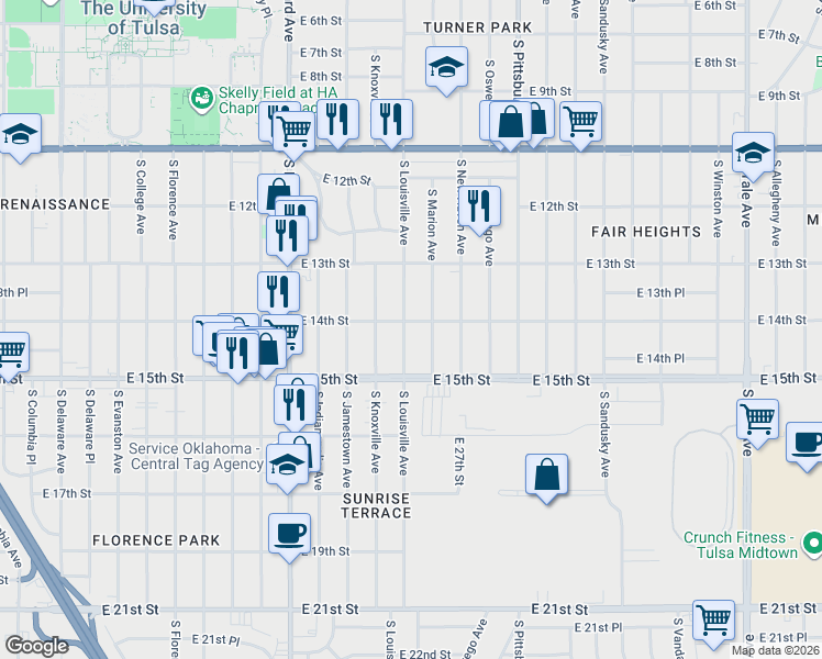 map of restaurants, bars, coffee shops, grocery stores, and more near 1343 South Louisville Avenue in Tulsa
