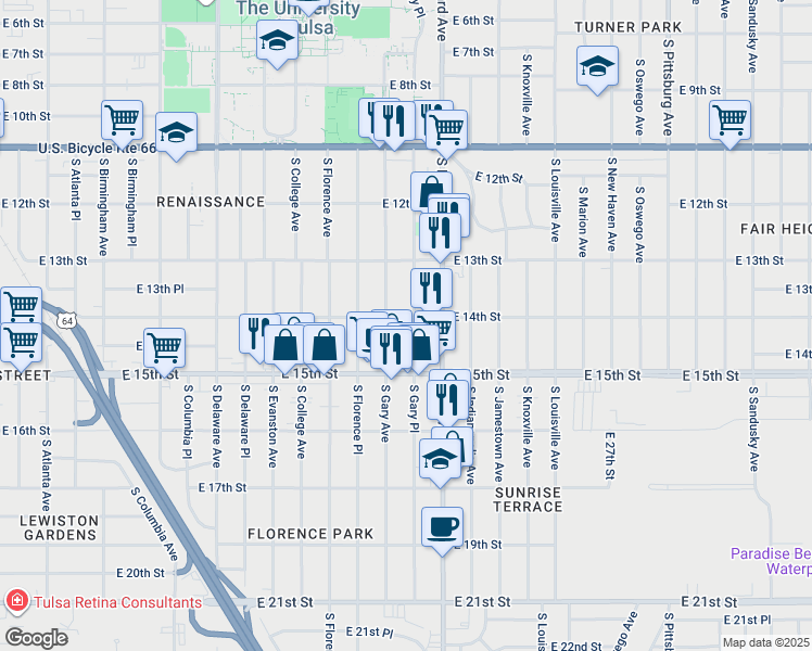 map of restaurants, bars, coffee shops, grocery stores, and more near 1348 South Gary Place in Tulsa