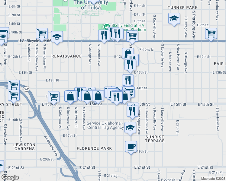 map of restaurants, bars, coffee shops, grocery stores, and more near 1348 South Gary Avenue in Tulsa