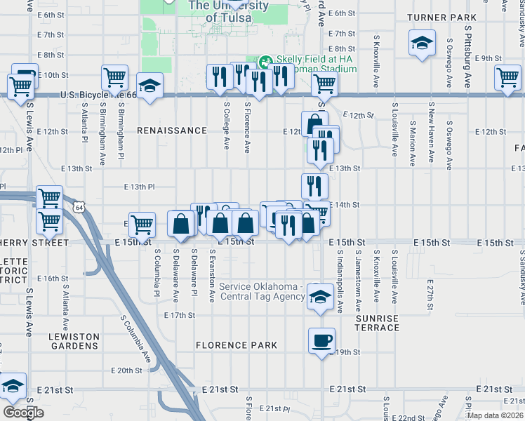 map of restaurants, bars, coffee shops, grocery stores, and more near 1347 South Florence Avenue in Tulsa