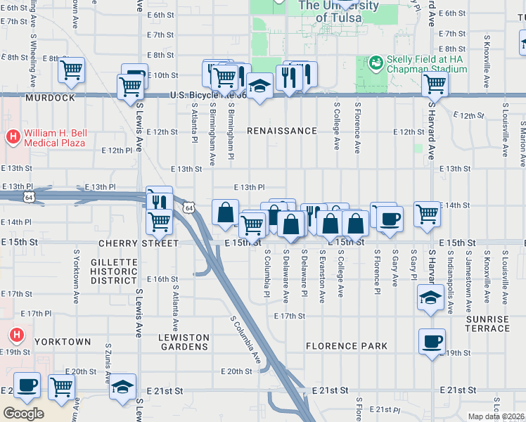 map of restaurants, bars, coffee shops, grocery stores, and more near 2723 East 14th Street in Tulsa