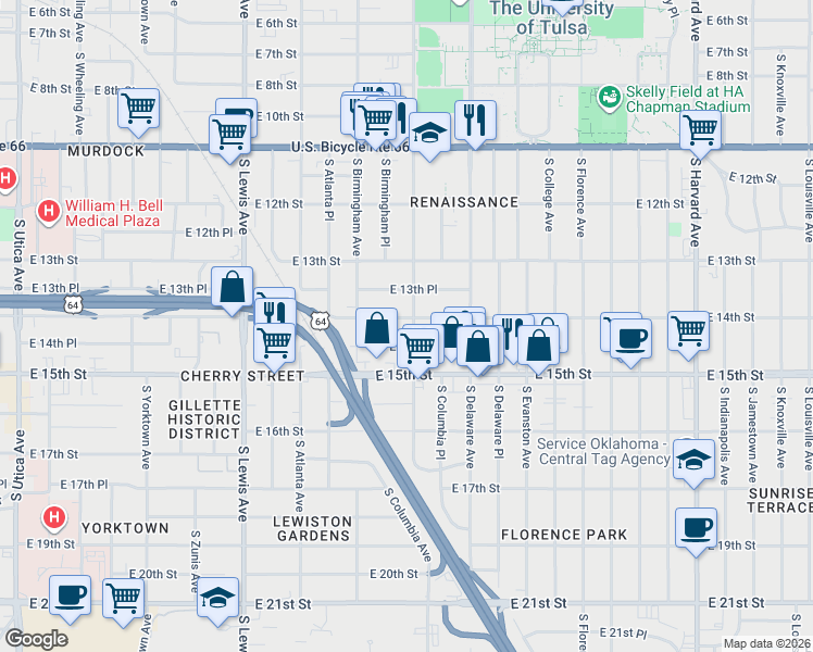 map of restaurants, bars, coffee shops, grocery stores, and more near 2639 East 14th Street in Tulsa