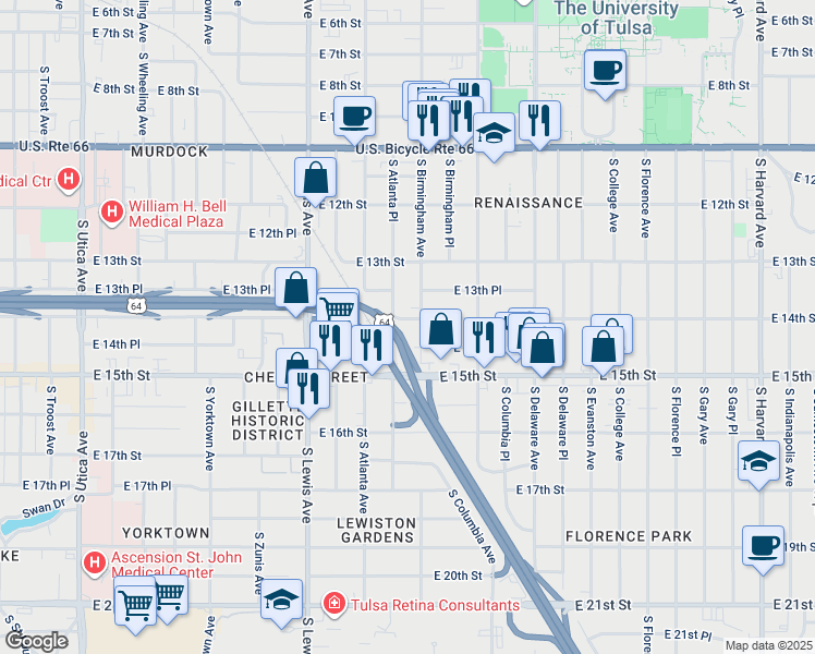 map of restaurants, bars, coffee shops, grocery stores, and more near 1338 South Atlanta Avenue in Tulsa