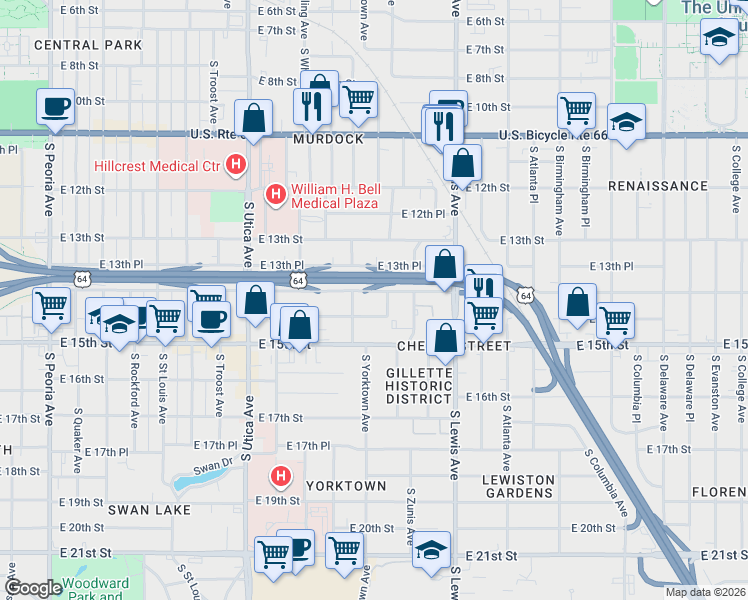 map of restaurants, bars, coffee shops, grocery stores, and more near 2206 East 14th Street in Tulsa