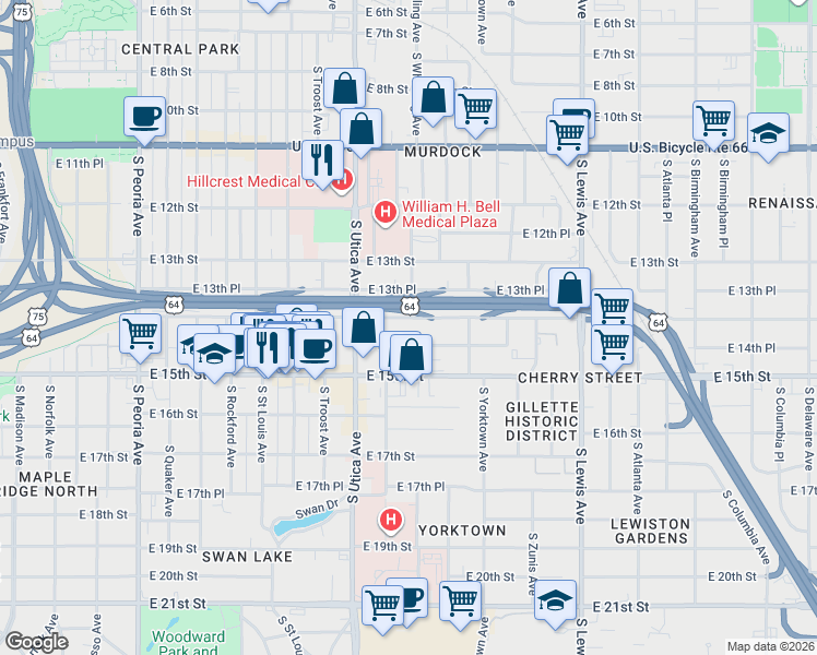 map of restaurants, bars, coffee shops, grocery stores, and more near 1736 East 14th Street in Tulsa